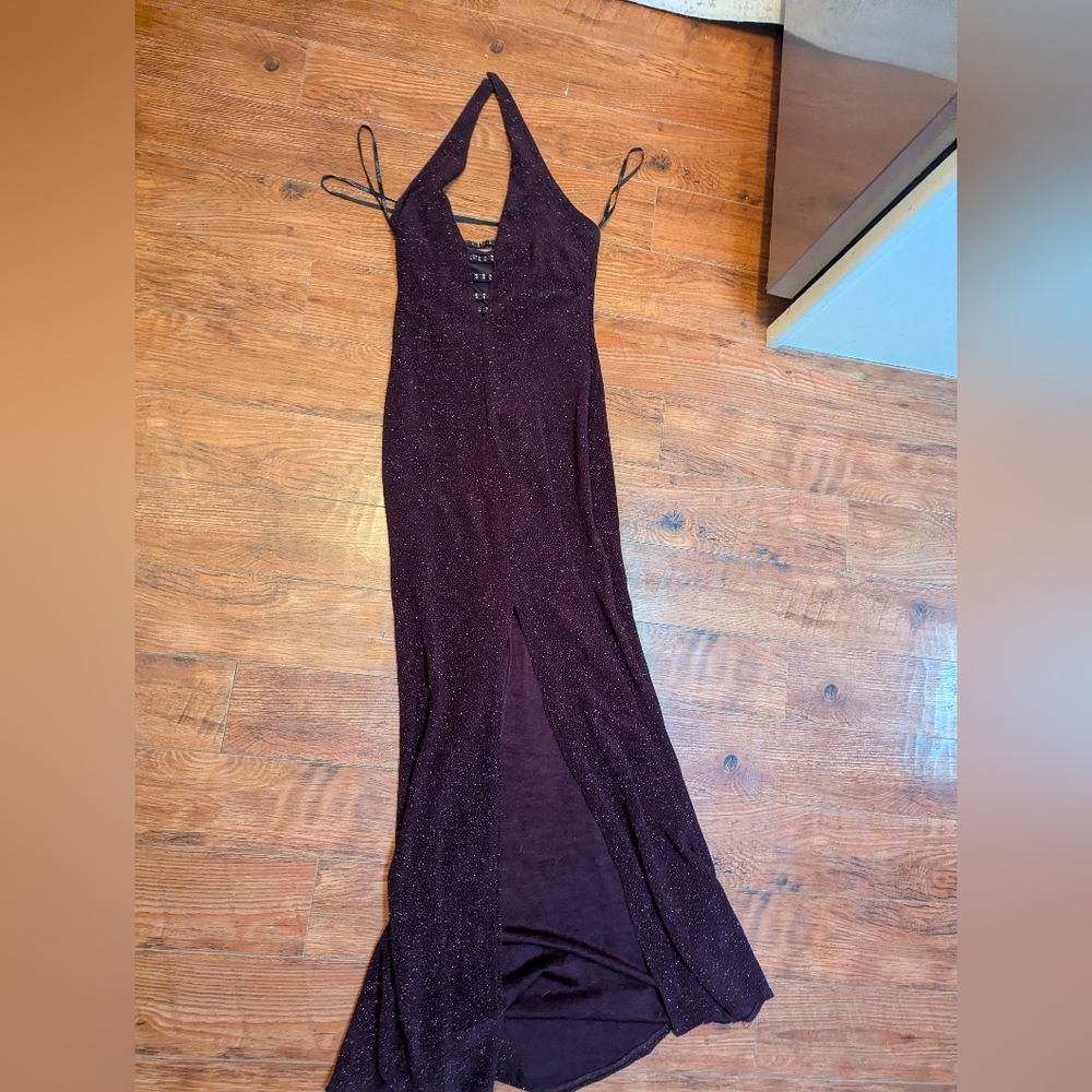 Elegant Sparkle Halter Maxi Dress - Deep Plum